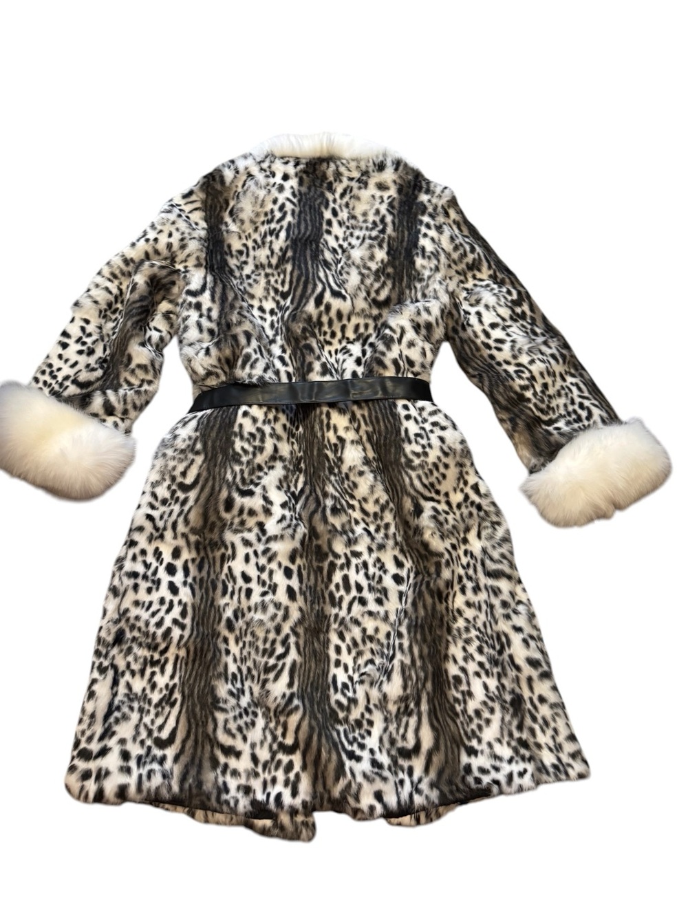 Luxury White & Black Leopard Print rabbit Fur Coat with White fox Collar - Picture 10 of 16